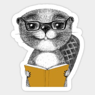 Cute Cartoon Beaver Reading Book Sticker